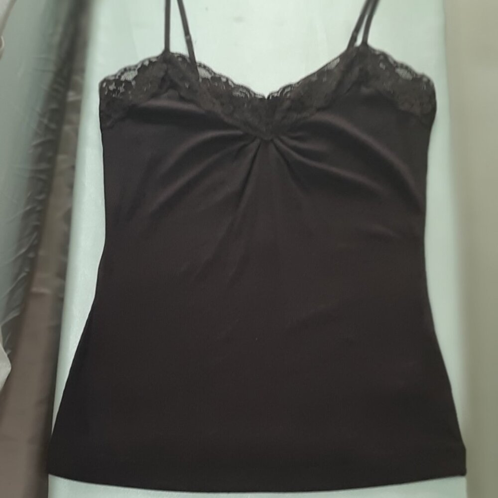 Worthington dk brown stretch camisole top, Sz L, Lace soft knit, cotton, spandex - Picture 2 of 6